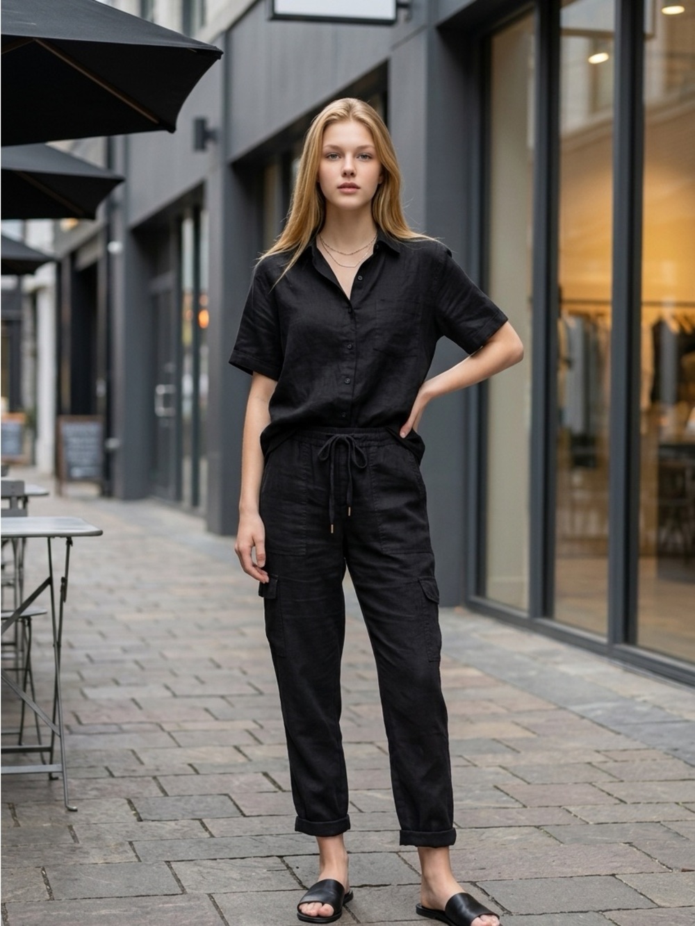 YFabBroke Anthropologie Womens Lg Black Tencel Large Front Pockets Cuff Pants